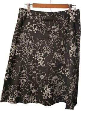 Tribu Black White Floral Embroidered A-Line Midi Skirt Size 8 Cottagecore
